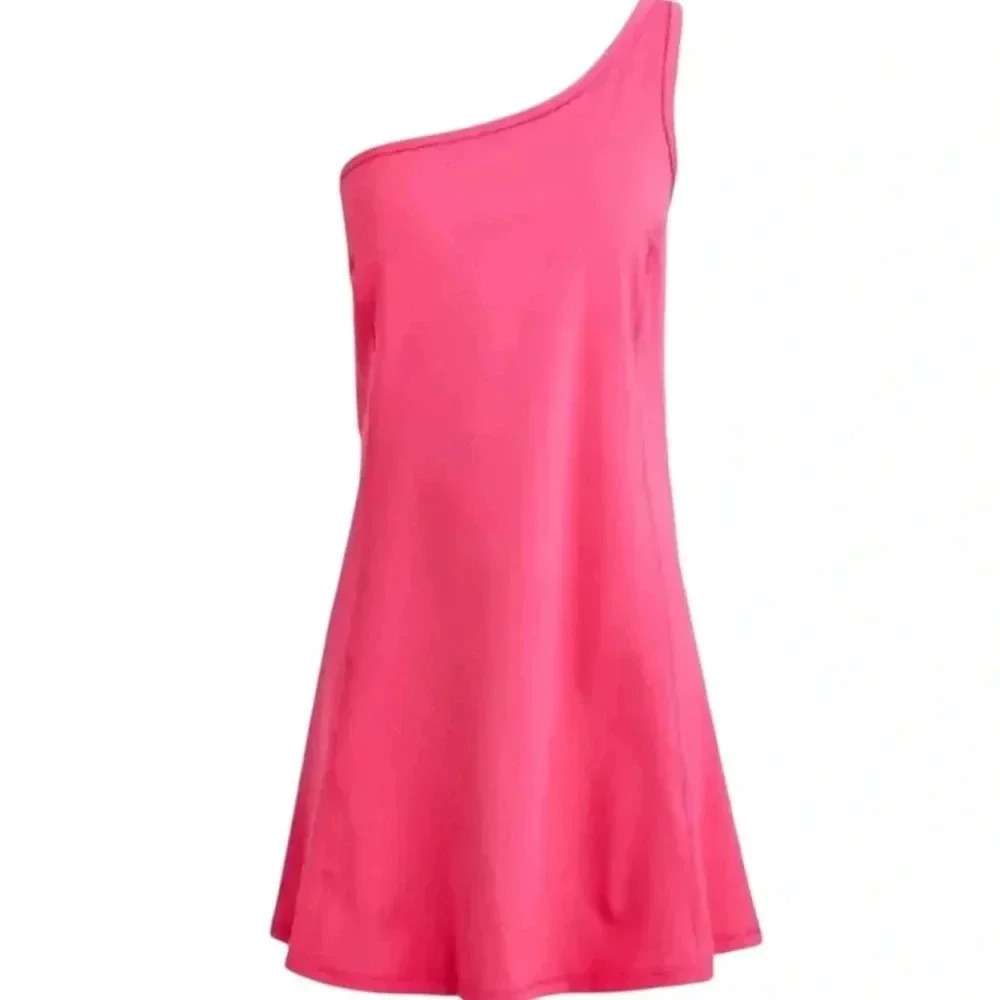 NWT J. Crew CloudStretch One-Shoulder Sports Dress w Shorts Pink Orange Tennis M